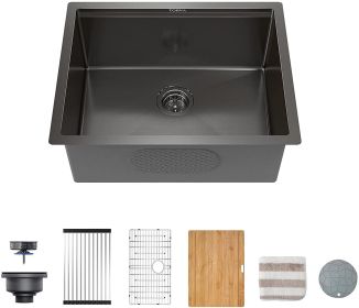 24-Inch Gloss Black Workstation Undermount Single Bowl Kitchen Sink;  16 Gauge Stainless Steel with Ceramic Coating and NanoTek Sink with Bamboo