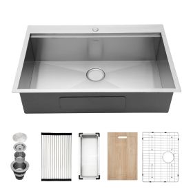 Lordear Gunmetal Black Workstation Kitchen Sink Drop-in Topmount 18 Gauge Stainless Steel Single Bowl Sink (Color: Stainless Steel, size: 30)
