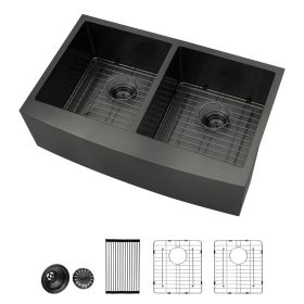 33"x21" Gunmetal Black Farmhouse Apron Stainless Steel Kitchen Sink,16 Gauge Apron Front Double Bowl 50/50 Kitchen Sink with Bottom Grid (Color: Gunmetal Black, size: 33"x21")