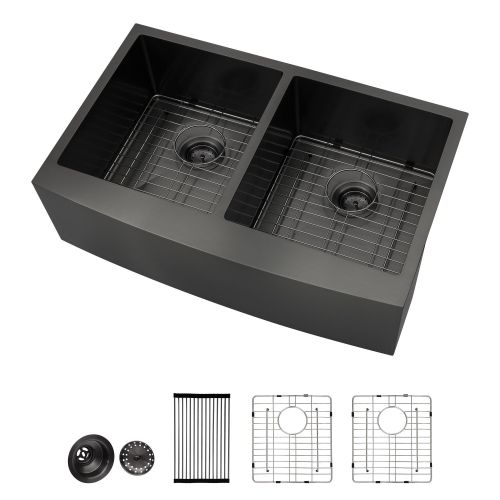 33"x21" Gunmetal Black Farmhouse Apron Stainless Steel Kitchen Sink,16 Gauge Apron Front Double Bowl 50/50 Kitchen Sink with Bottom Grid